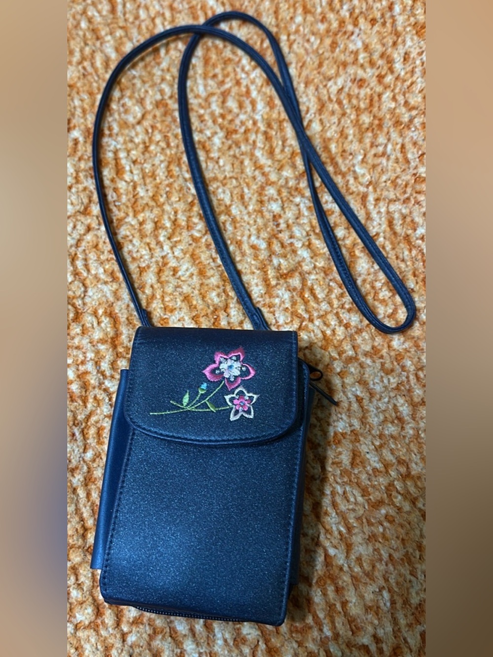 Navy Blue Floral Embroidered Crossbody Phone Bag & Wallet Pouch